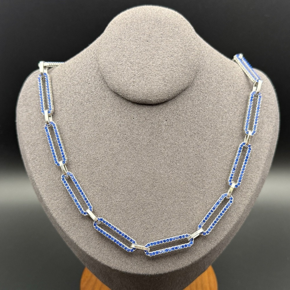 Blue Crystal Rhinestone Paper Clip Chain Link Necklace Silver Tone Y2K Statement